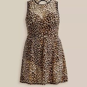 NWT Underwire Long Mesh Overlay Swim Dress With Brief -- Cheetah Tan Size 38D/DD